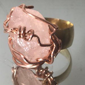 Rose Quartz Brass Solid Copper Ring Rustic Reiki Statement Brutalist Handmade